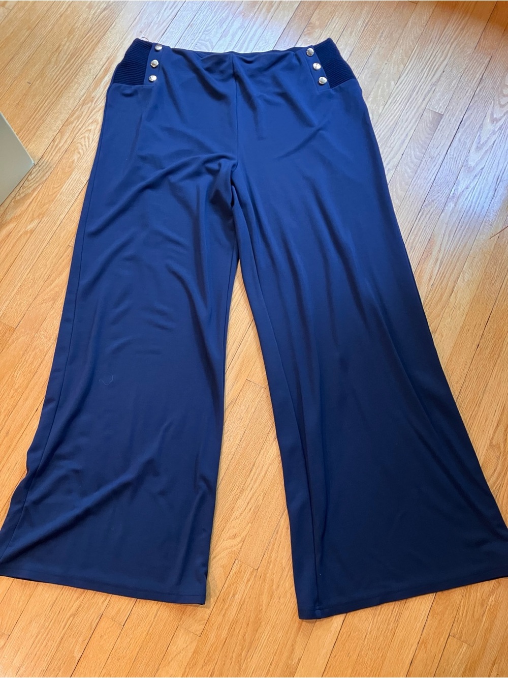 3xl Pull-On Wide Leg Pants with Button Accent Navy flare boho nautical Betro